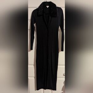 XOXO Elegant Long Black Sweater Duster with Faux Fur Trim